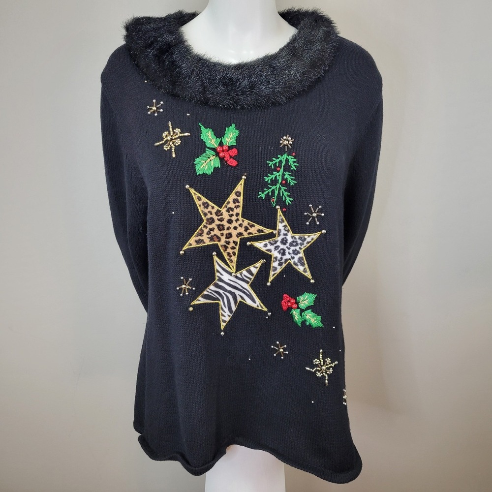 Kikit Maurice Sasson Black Stars And Holly Christmas Sweater Womens‎ Size XL